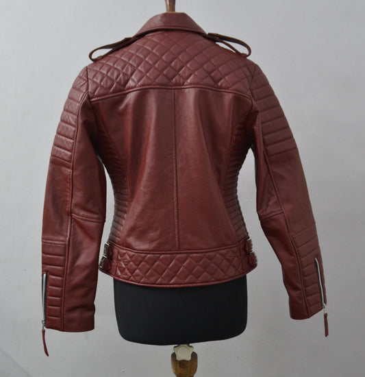 Women's Maroon Motorcycle Genuine Lambskin Leather Biker Jacket