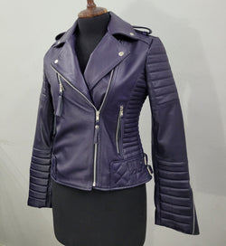 Women's Purple Quilted Motorcycle Genuine Lambskin Leather Biker Jacket