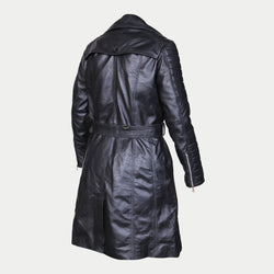 Women's Padded Mid-Length Black Belted Genuine Leather Trench Coat
