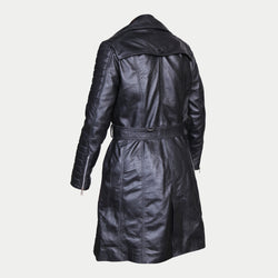 Women's Padded Mid-Length Black Belted Genuine Leather Trench Coat