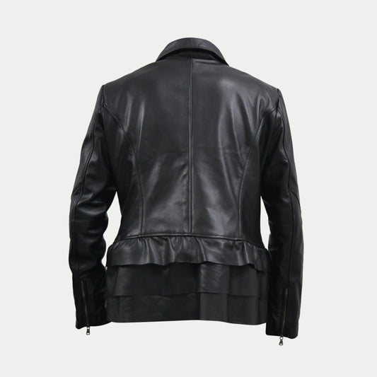 Women's Black Frog Style Genuine Lambskin Cafe Racer Leather Jacket