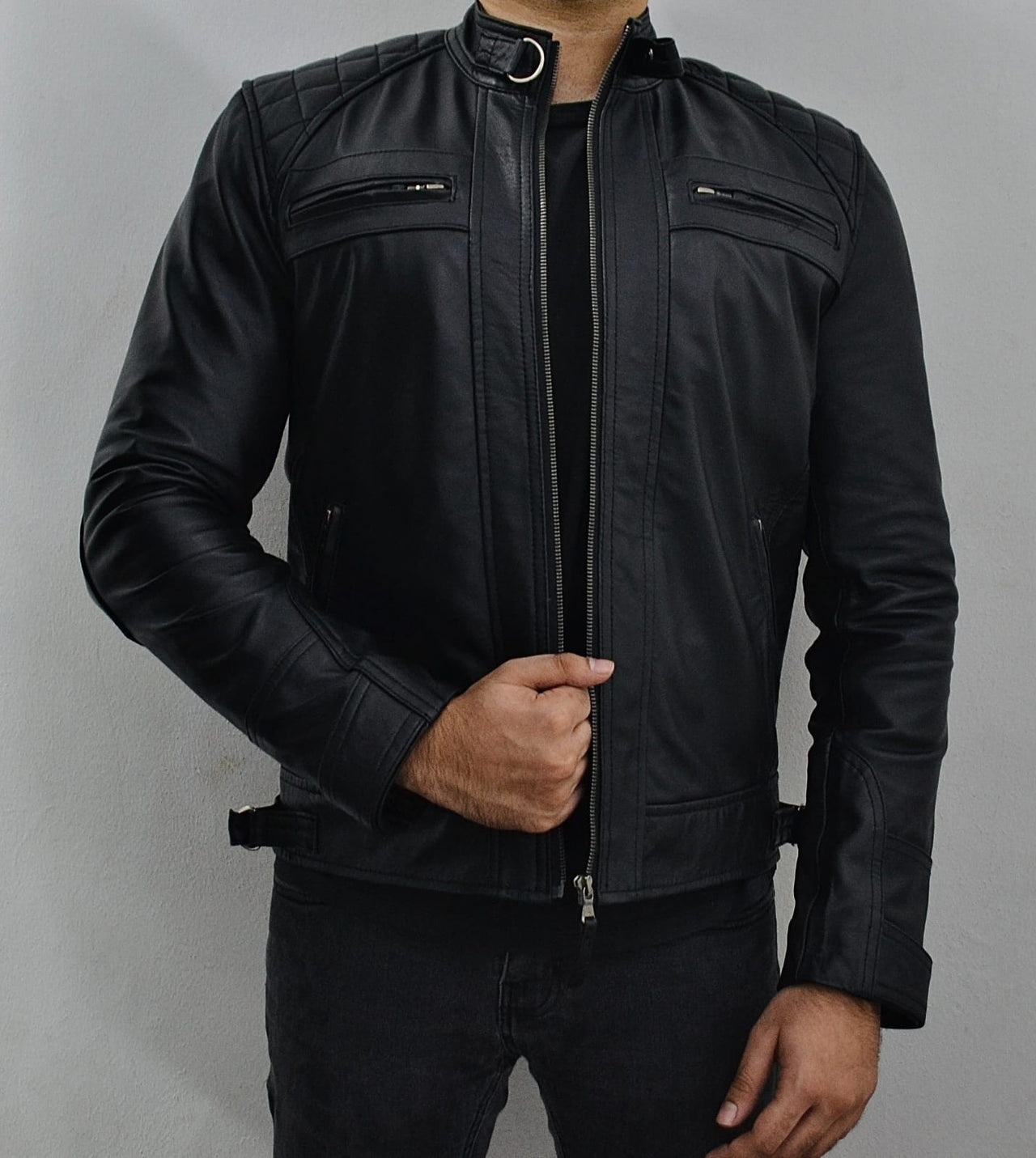 Men's Biker Style  Black Leather Jacket