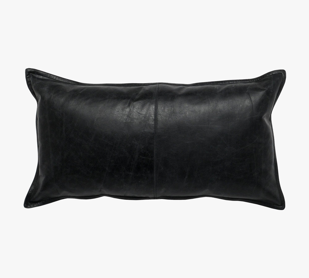 Black genuine leather lumbar pillow cover displaying a sleek matte texture on a studio background.