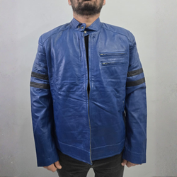 Men's Blue Black Strips Lambskin Leather Cafe Racer Motorcycle Jacket