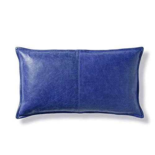 Vibrant blue genuine leather rectangular throw pillow cover with precision perimeter stitching.