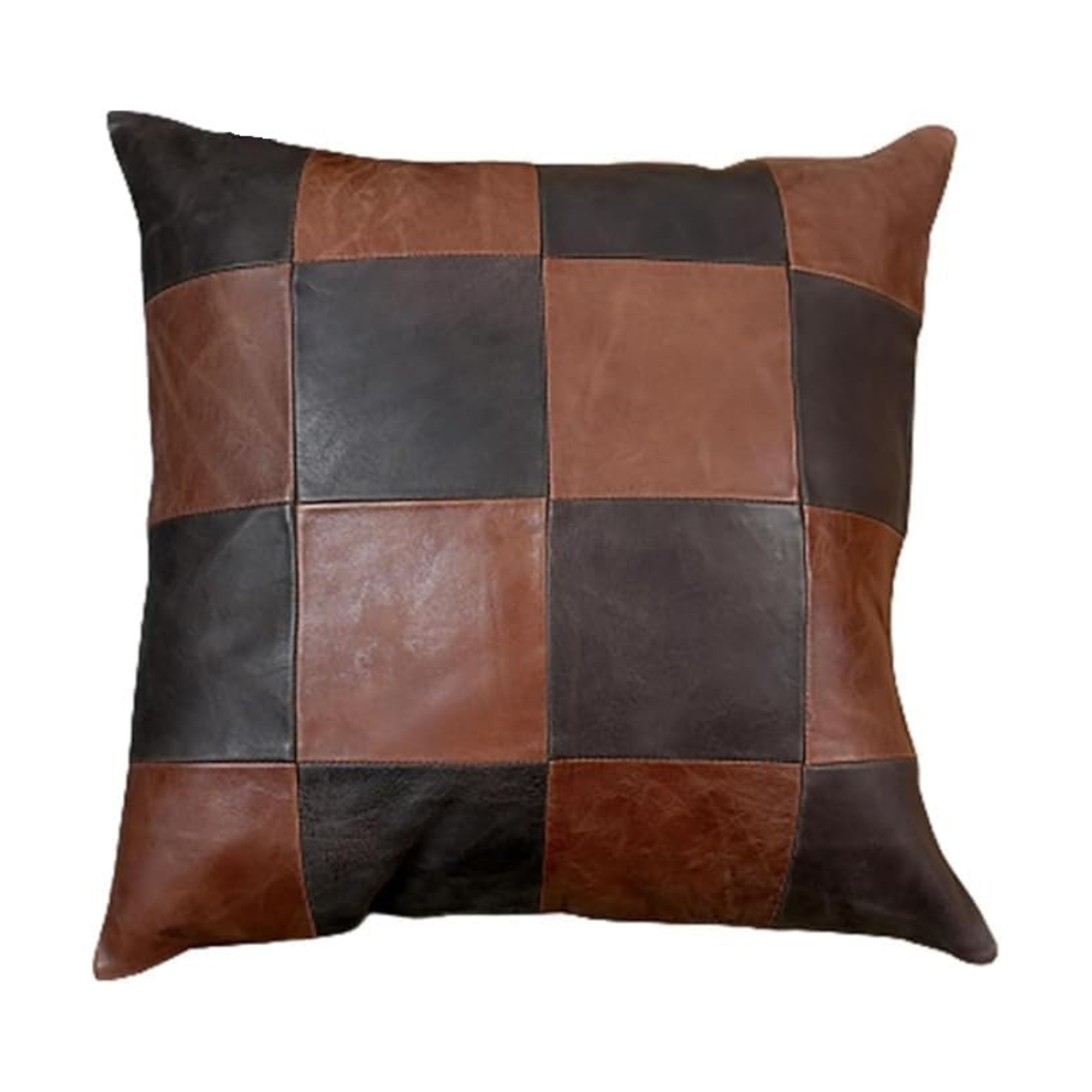 Brown and beige checkered leather cushion cover shot on a seamless pure white background.