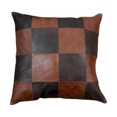 Brown and beige checkered leather cushion cover shot on a seamless pure white background.