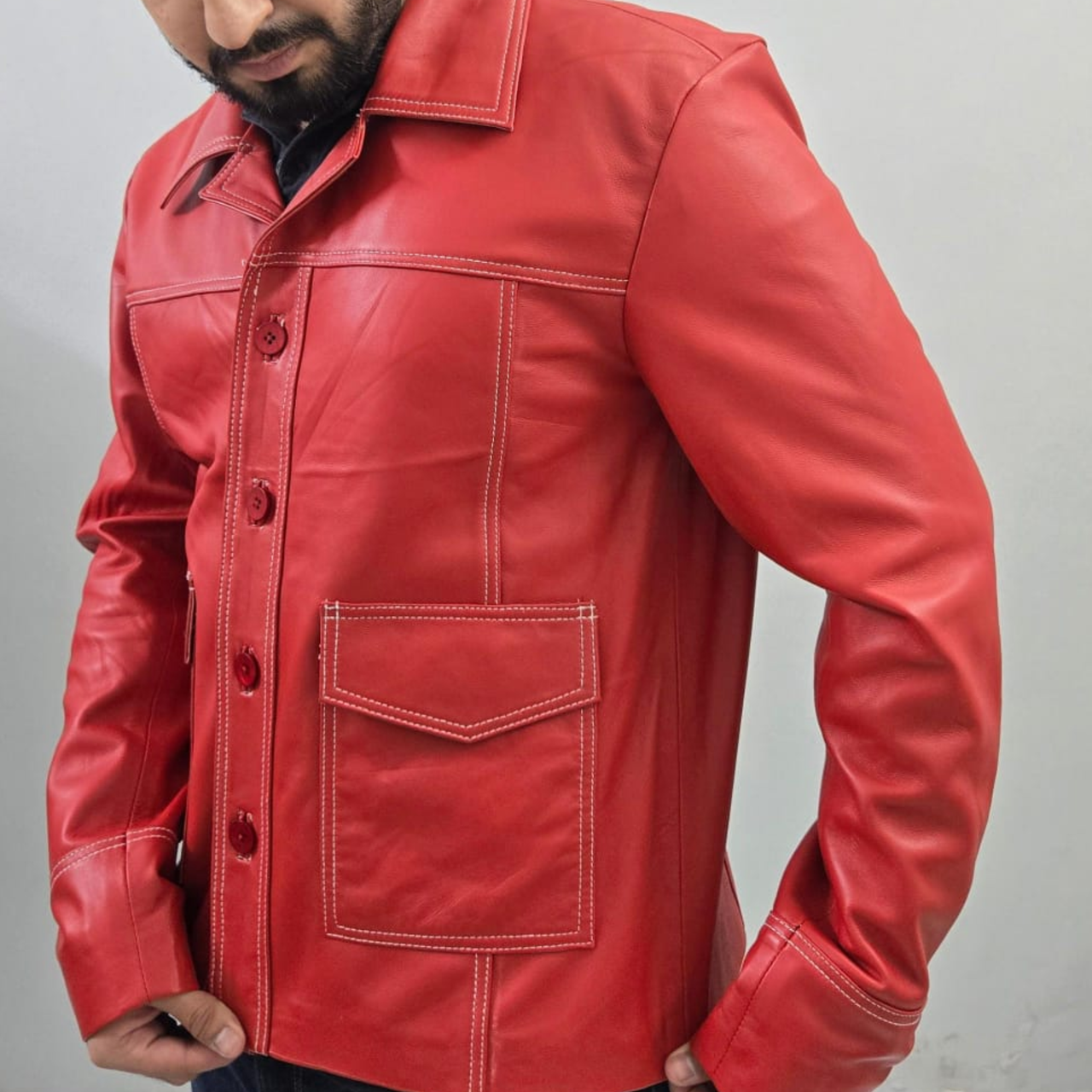 Fight Club Tyler Durden Brad Pitt Red Genuine Sheepskin Leather Jacket/Shirt