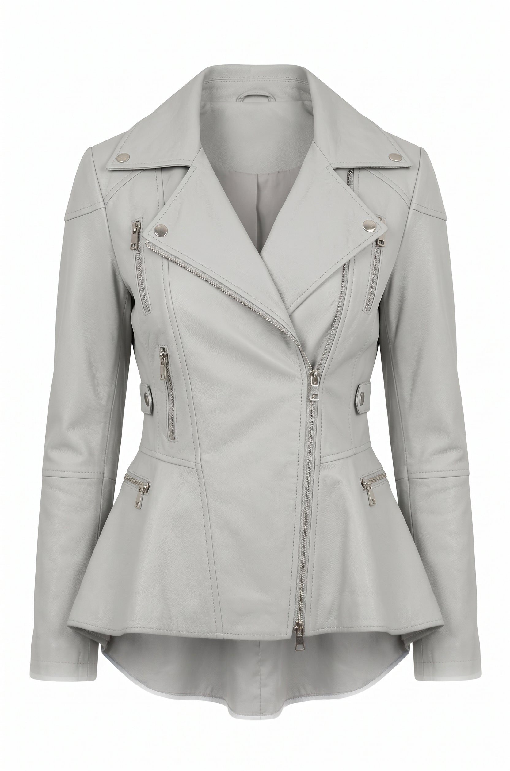 A light gray leather moto jacket with an asymmetrical zipper, notched lapels, and zippered pockets, shown against a plain white background.