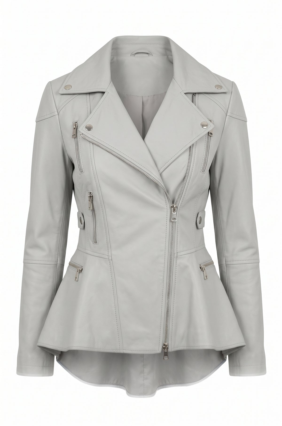 A light gray leather moto jacket with an asymmetrical zipper, notched lapels, and zippered pockets, shown against a plain white background.