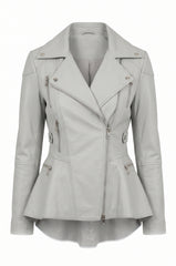 A light gray leather moto jacket with an asymmetrical zipper, notched lapels, and zippered pockets, shown against a plain white background.