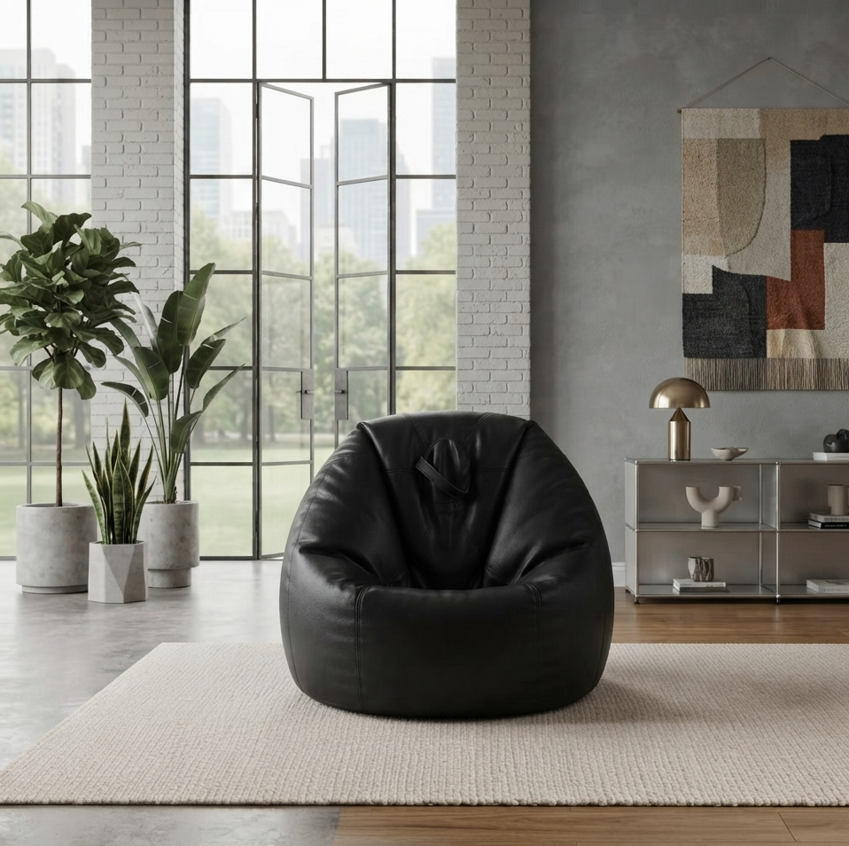 A black leather bean bag chair centered on a light beige rug in a modern, sunlit living room with large windows, plants, and a sideboard.