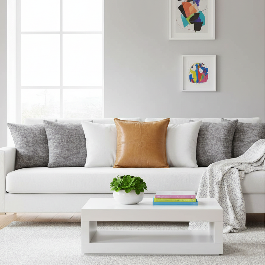 A modern white sofa in a bright living room, styled with gray and tan accent pillows, a white throw blanket, a white coffee table with a small plant and colorful books, and framed abstract wall art.