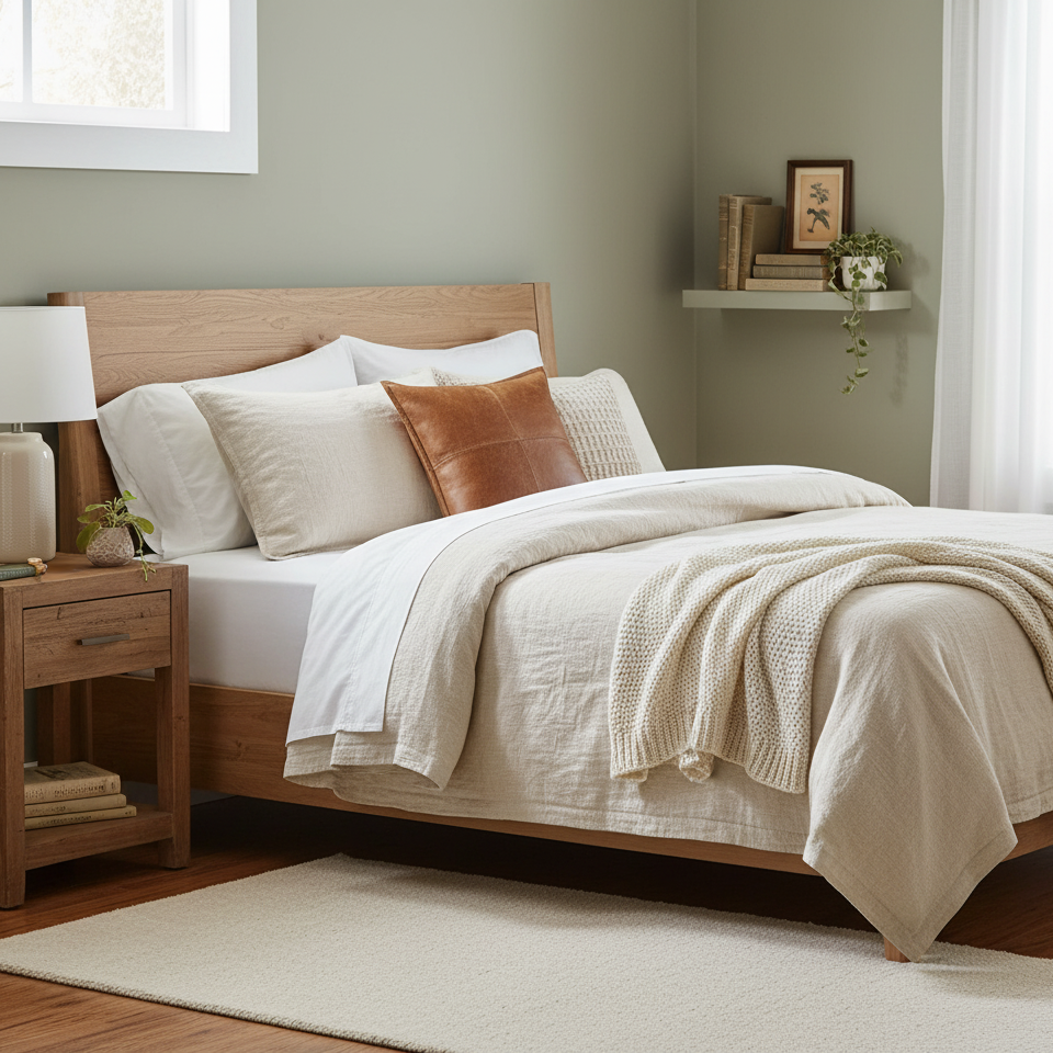 A neatly made bed in a softly styled bedroom, featuring a light wood bed frame, cream bedding, textured throw blankets, and a brown accent pillow. A matching wooden nightstand with a white lamp sits beside the bed, and a small shelf with books and a trailing plant is mounted on the wall.
