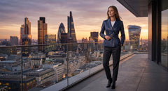 A woman in a tailored blue blazer and dark trousers walks along a modern balcony overlooking a city skyline at sunset.