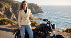 A woman stands beside a black cruiser motorcycle on a coastal road, with cliffs and the ocean in the background. She is wearing a light beige belted blazer over a black top and light blue jeans.