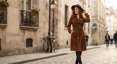 Women's Brown Suede Leather Double Breasted Long Coat