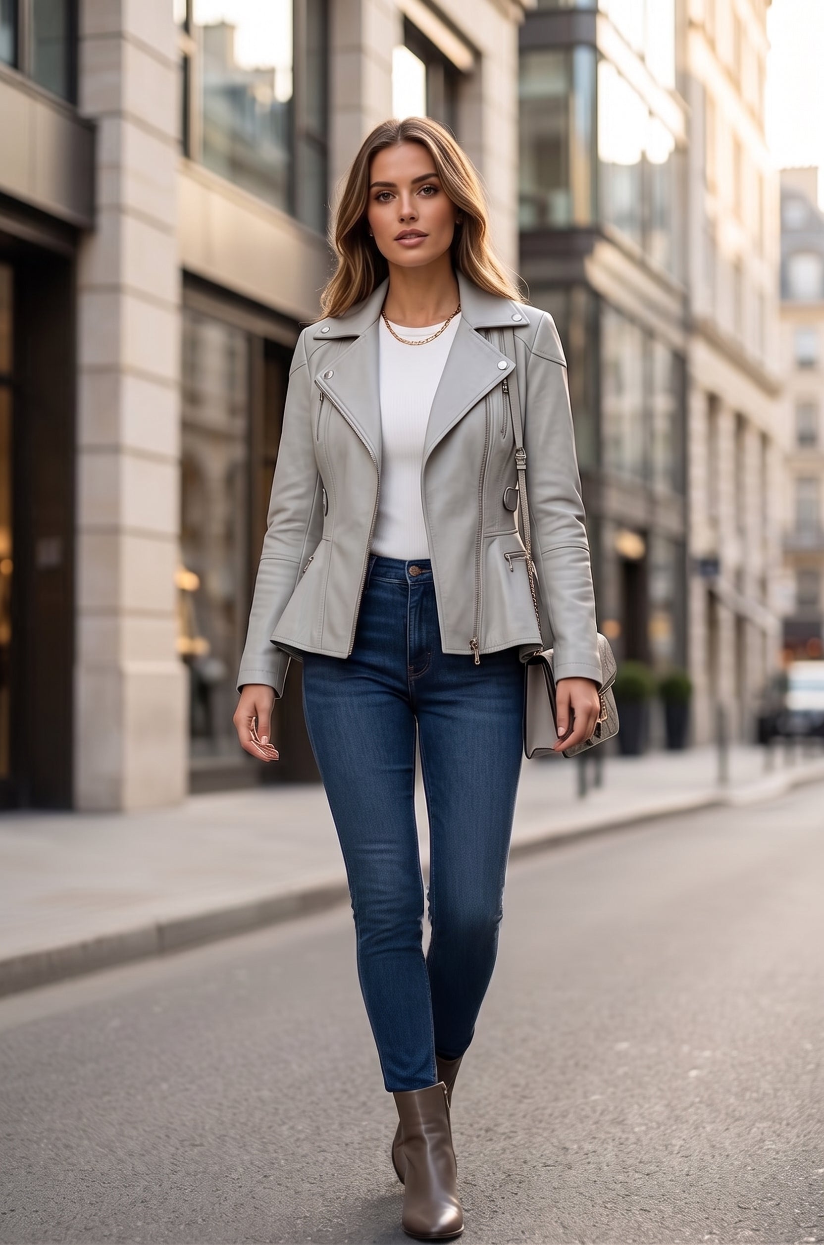 A woman walking down a city street wearing a light gray moto jacket, a white top, blue skinny jeans, and brown ankle boots.