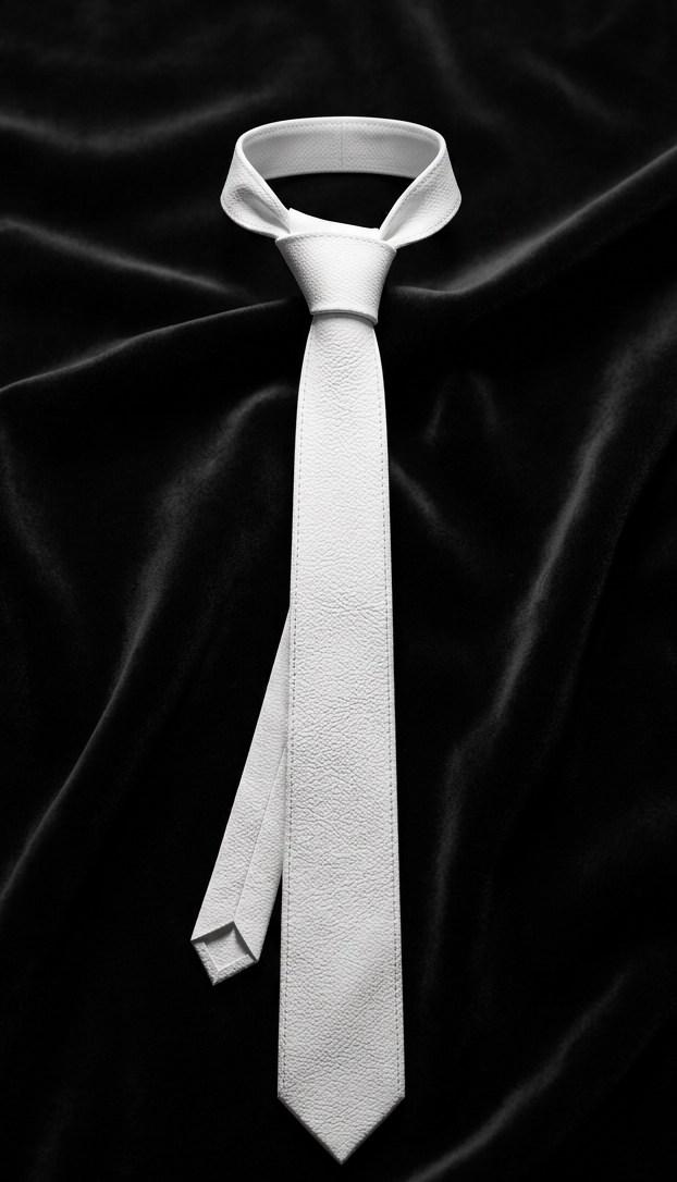 A light gray textured necktie with a wide collar and a loose knot, displayed on a draped black satin fabric background.