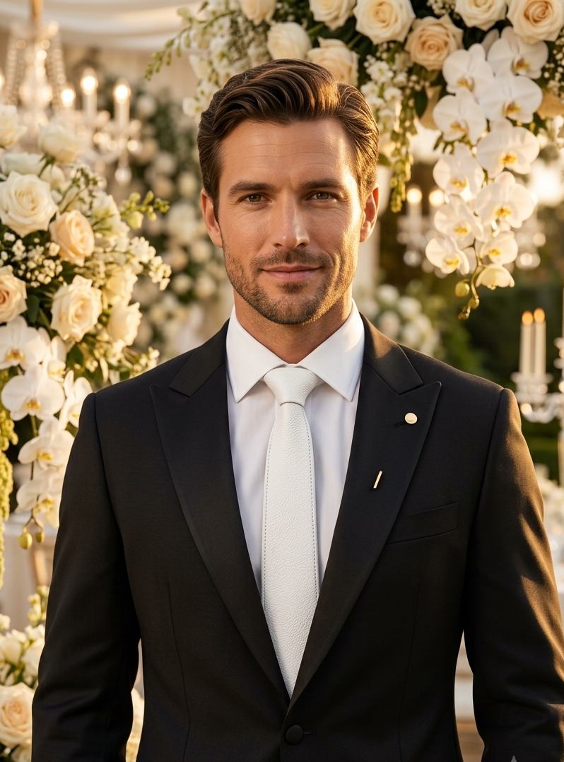 A man wearing a black tuxedo jacket with a white dress shirt and white tie, standing in front of a white floral arch with candles.