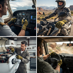 A four-panel collage showing a man in work gloves across different scenes: piloting an airplane, riding a motorcycle in a desert, working under a car in a garage, and driving a vehicle.