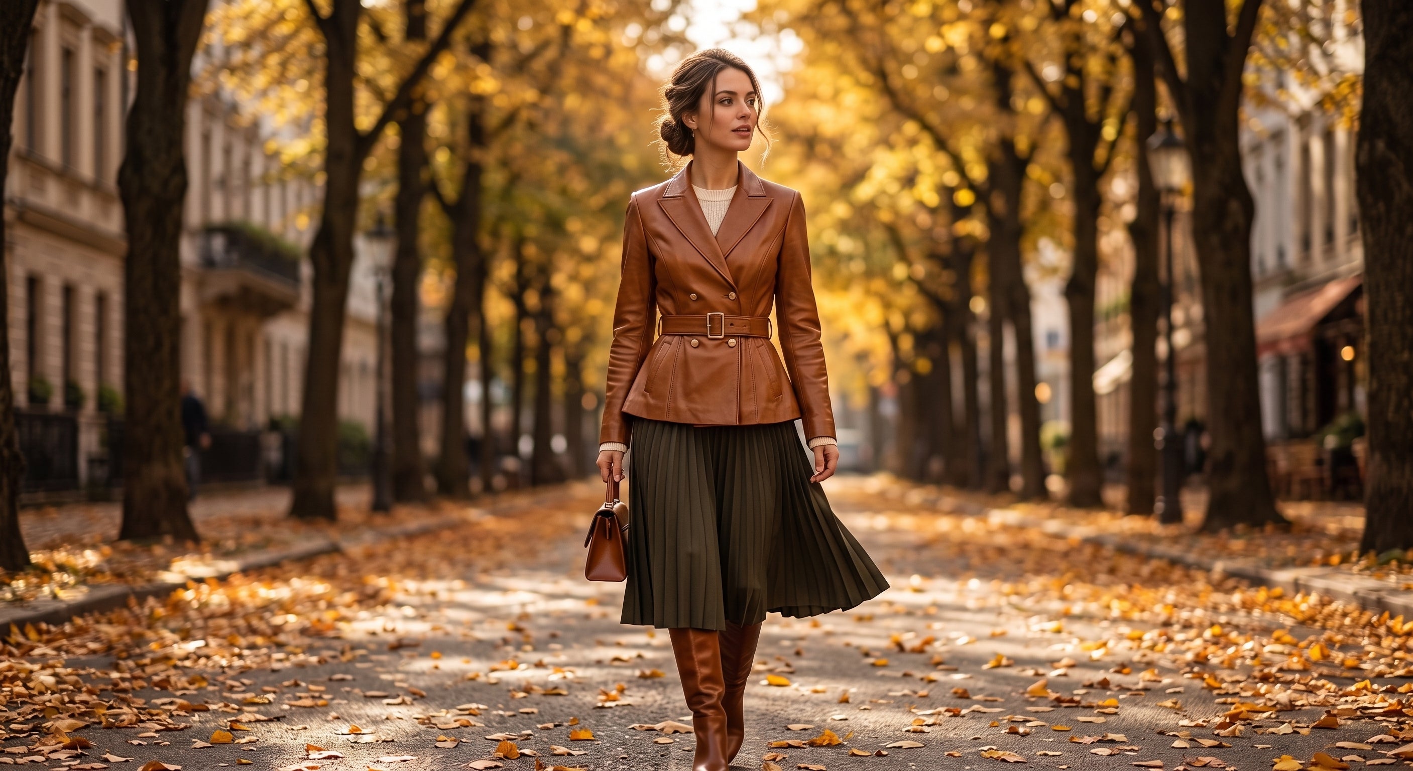 A woman walking down an autumn tree-lined street wearing a brown leather peplum blazer, a dark pleated skirt, and brown knee-high boots, holding a matching brown handbag.