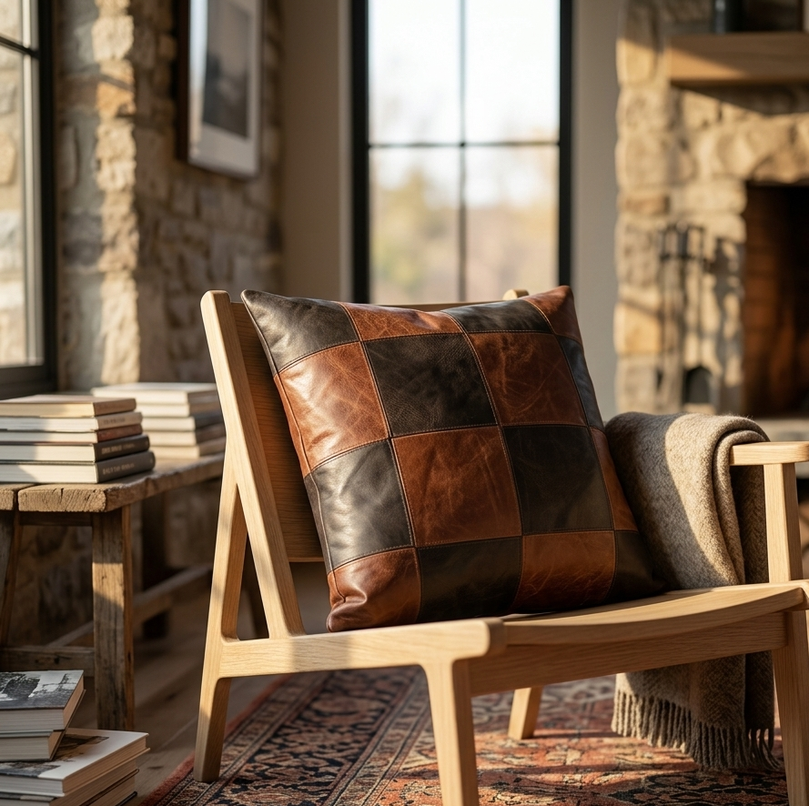 Moody golden hour Instagram ad shot of a brown checkered leather cushion on a modern lounge chair.