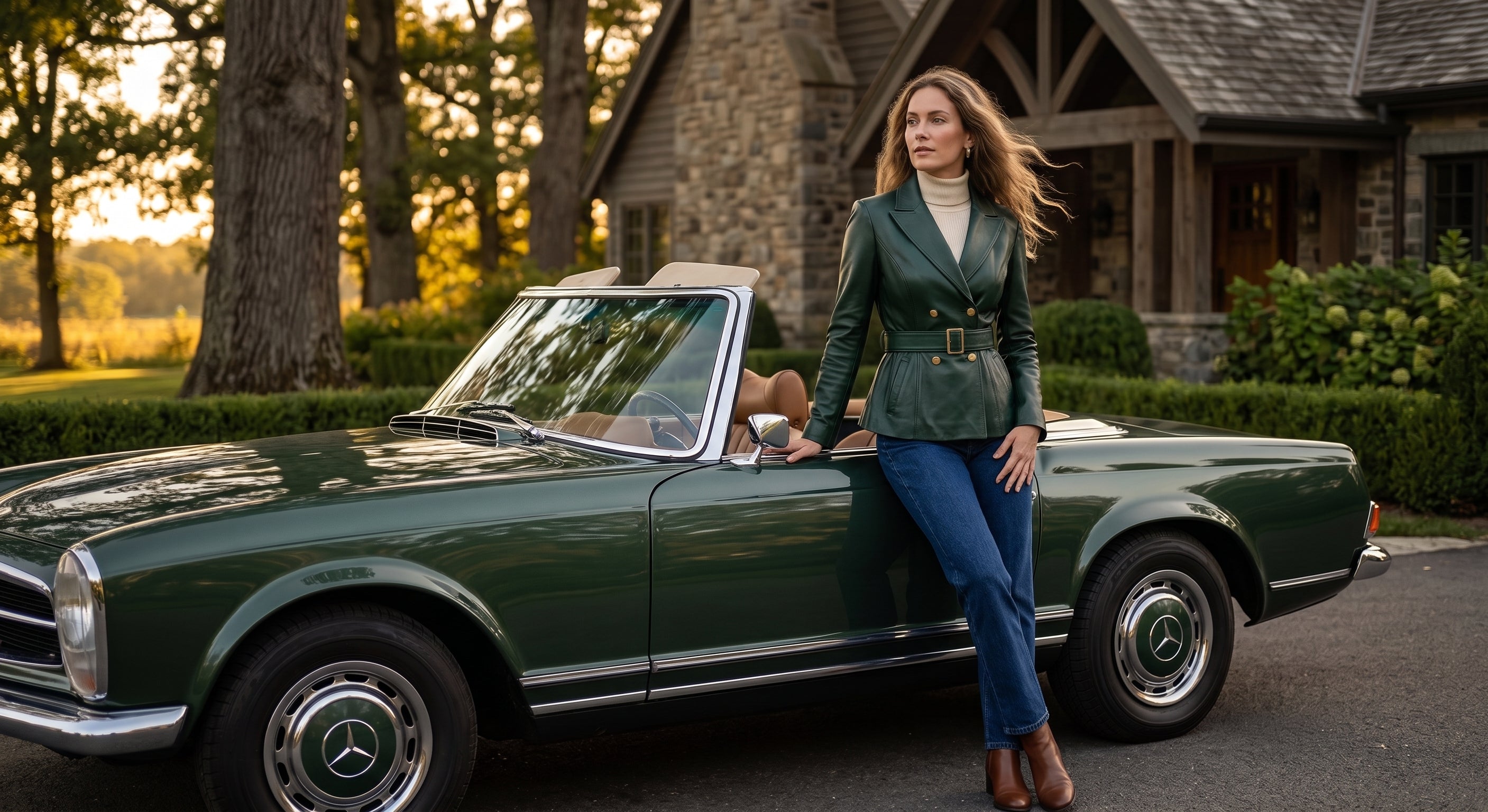 A woman in a green peplum blazer and blue jeans leans against a dark green convertible car parked in front of a stone house at sunset.