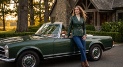 A woman in a green peplum blazer and blue jeans leans against a dark green convertible car parked in front of a stone house at sunset.