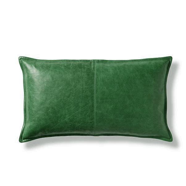 Luxury forest green leather rectangular pillow shell for contemporary living room accents.