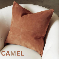 Genuine Suede Leather Square Pillow Cover - Luxury Boho Farmhouse Cushion Case