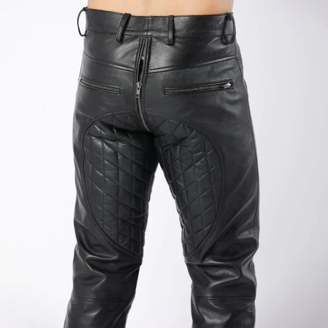 Four Pocket Mens Quilted Design Double Zipper Leather Jeans Pants ...