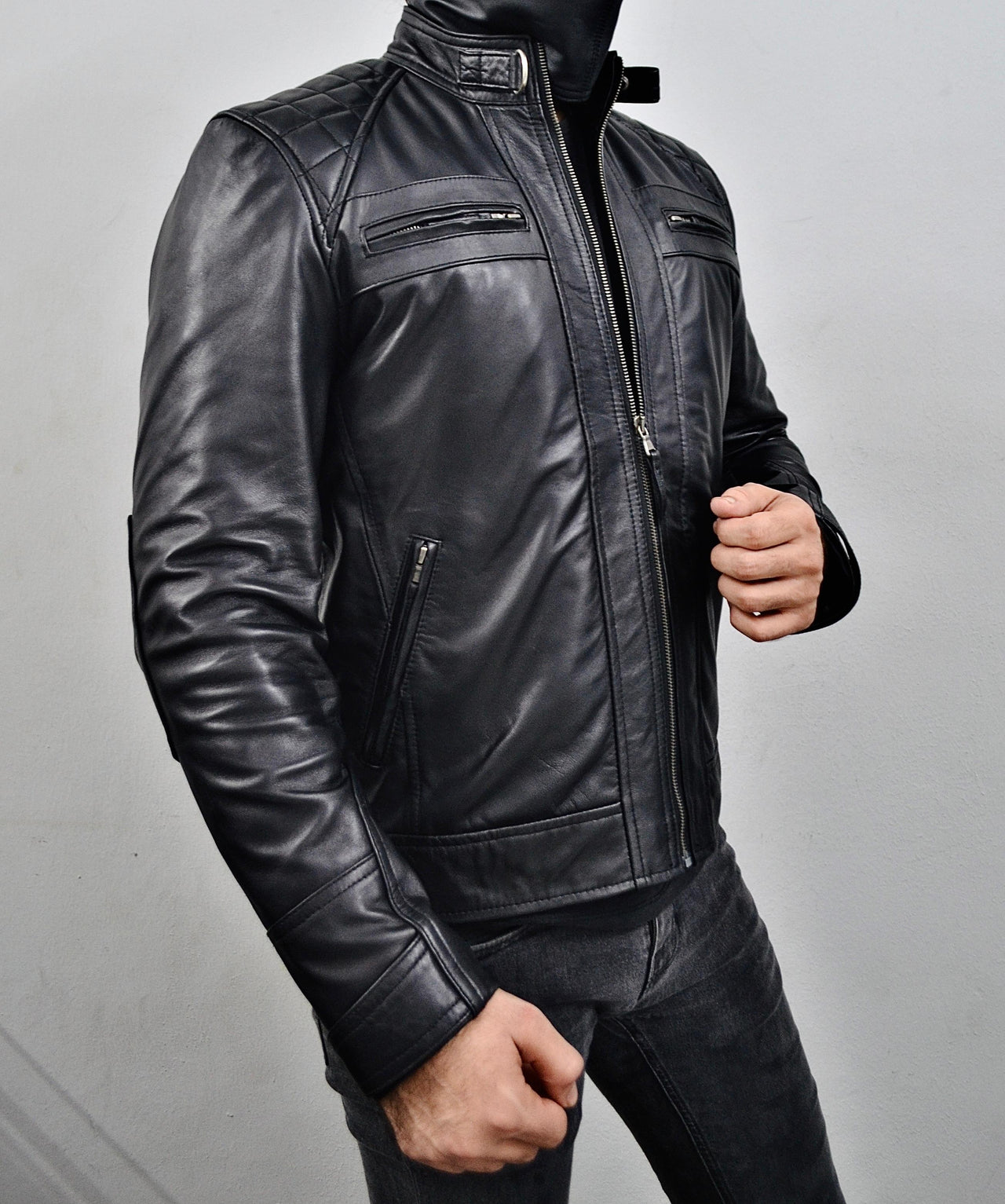 Men's Biker Style  Black Leather Jacket