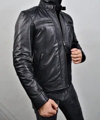 Men's Black Biker Motorcycle Style Genuine Lambskin Leather Jacket