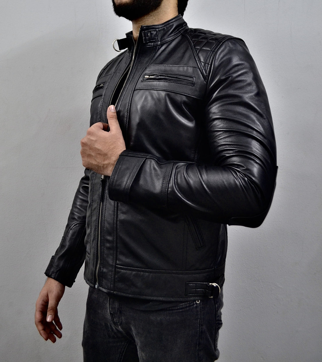 Men's Biker Style  Black Leather Jacket