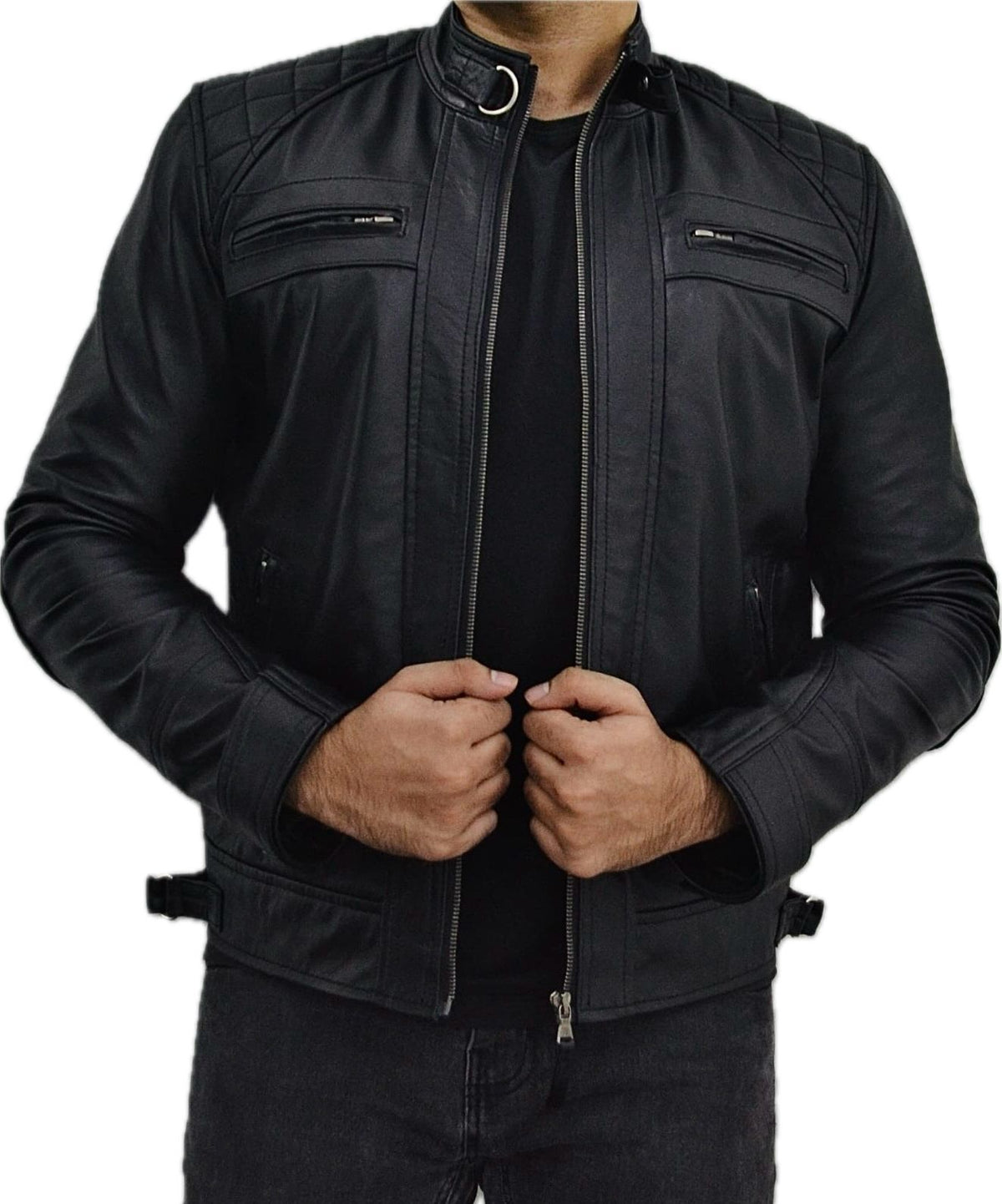Men's Black Biker Motorcycle Style Genuine Lambskin Leather Jacket