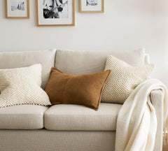 Premium Genuine Suede Leather Lumbar Pillow Cover - Luxury Rectangular Decorative Cushion Case