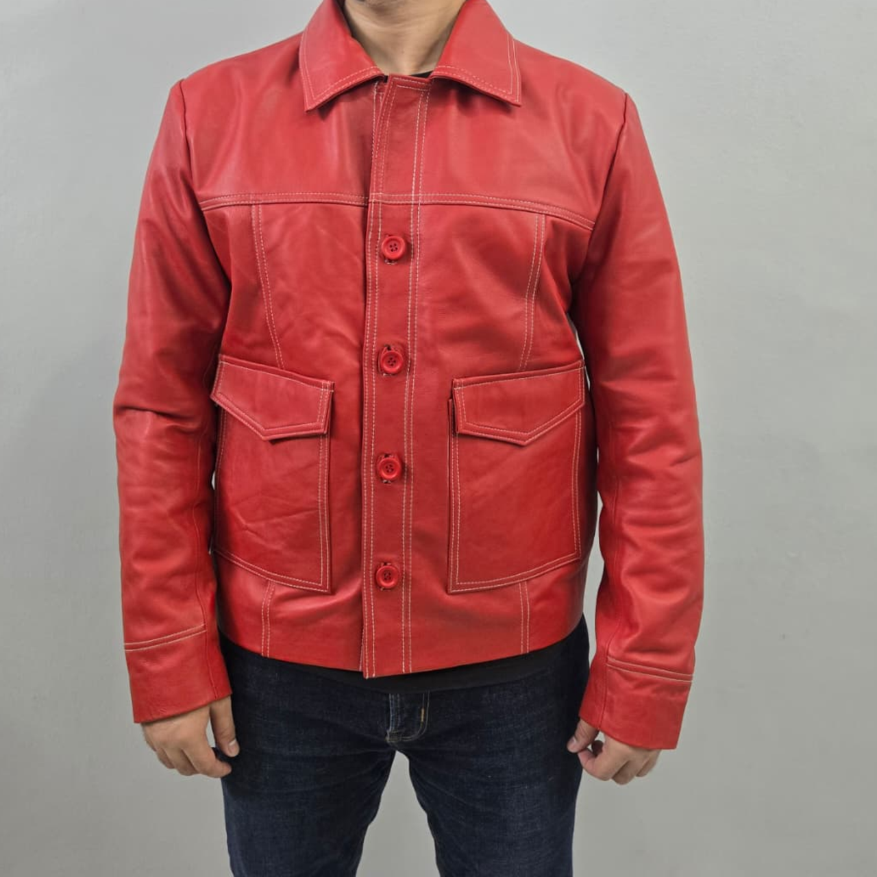 Fight Club Tyler Durden Brad Pitt Red Genuine Sheepskin Leather Jacket/Shirt