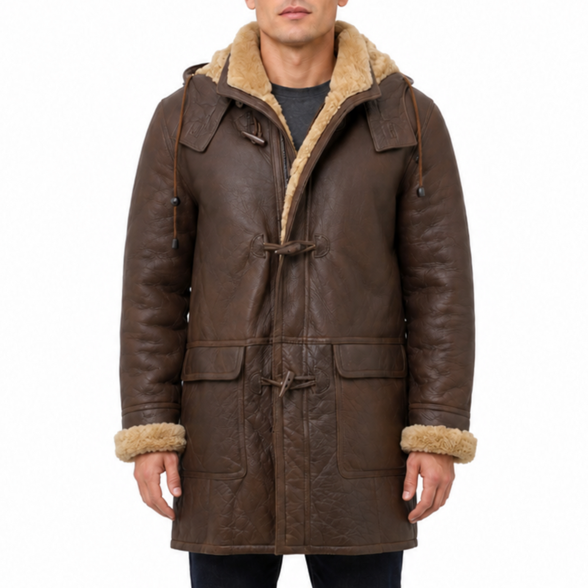 Men's Brown Leather Duffle Winter Coat