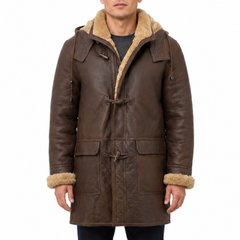 Men's Brown Leather Duffle Winter Coat