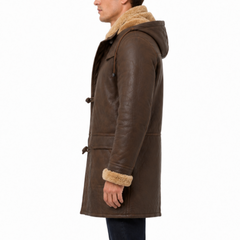 Men's Brown Leather Duffle Winter Coat