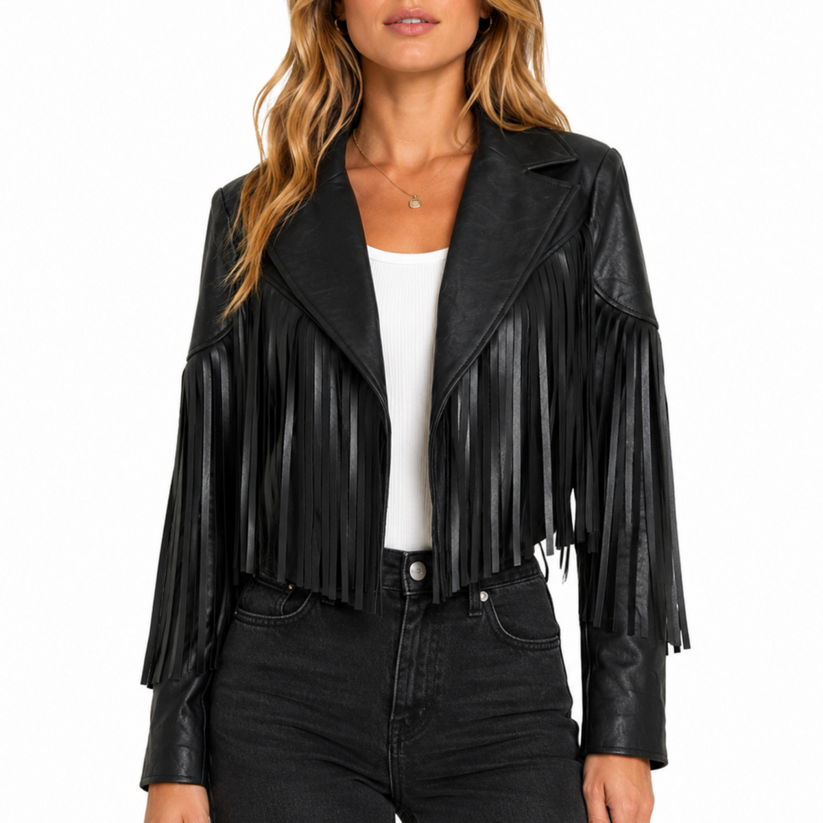 Women's Black Leather Stylish Fringe Jacket