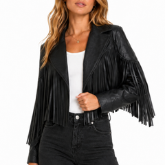 Women's Black Leather Stylish Fringe Jacket