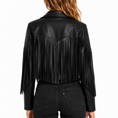 Women's Black Leather Stylish Fringe Jacket