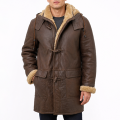 Men's Brown Leather Duffle Winter Coat