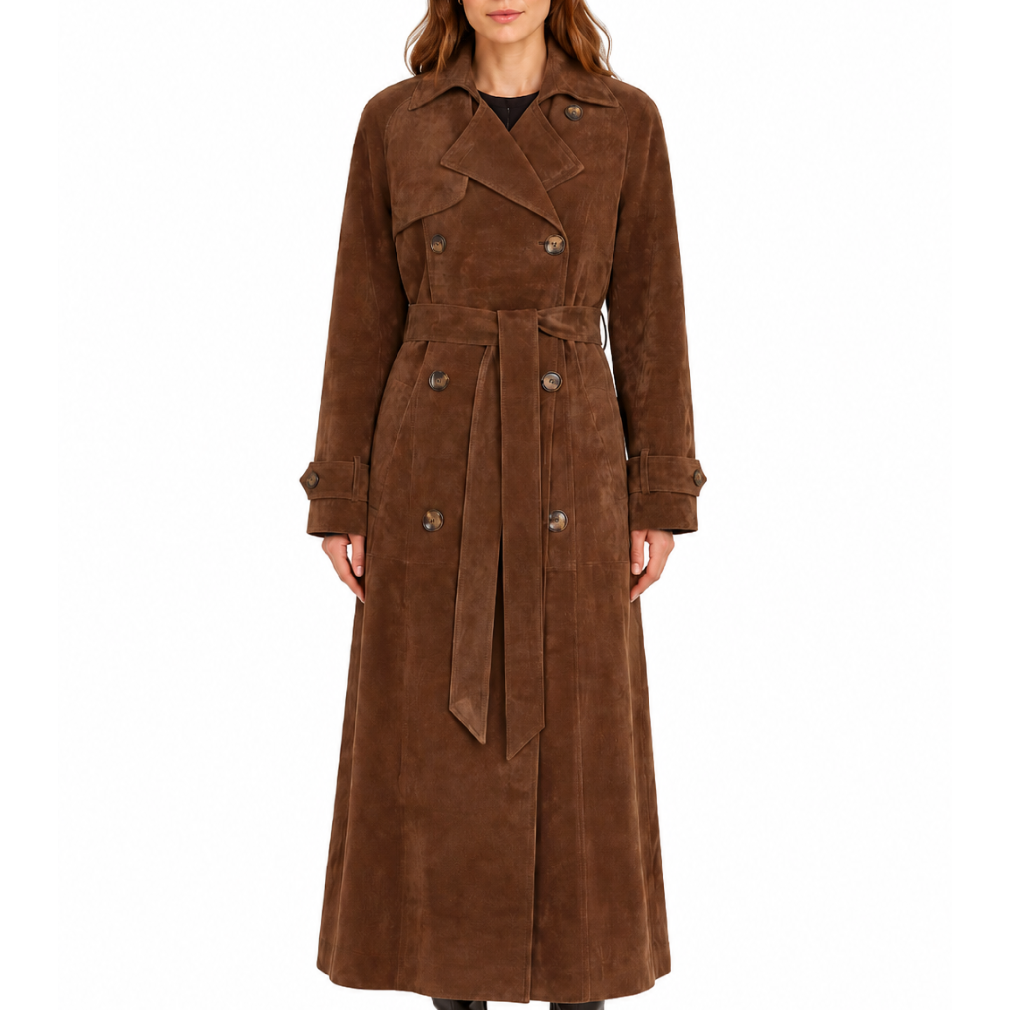 Brown suede trench coat on a white background