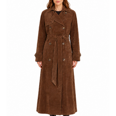 Brown suede trench coat on a white background
