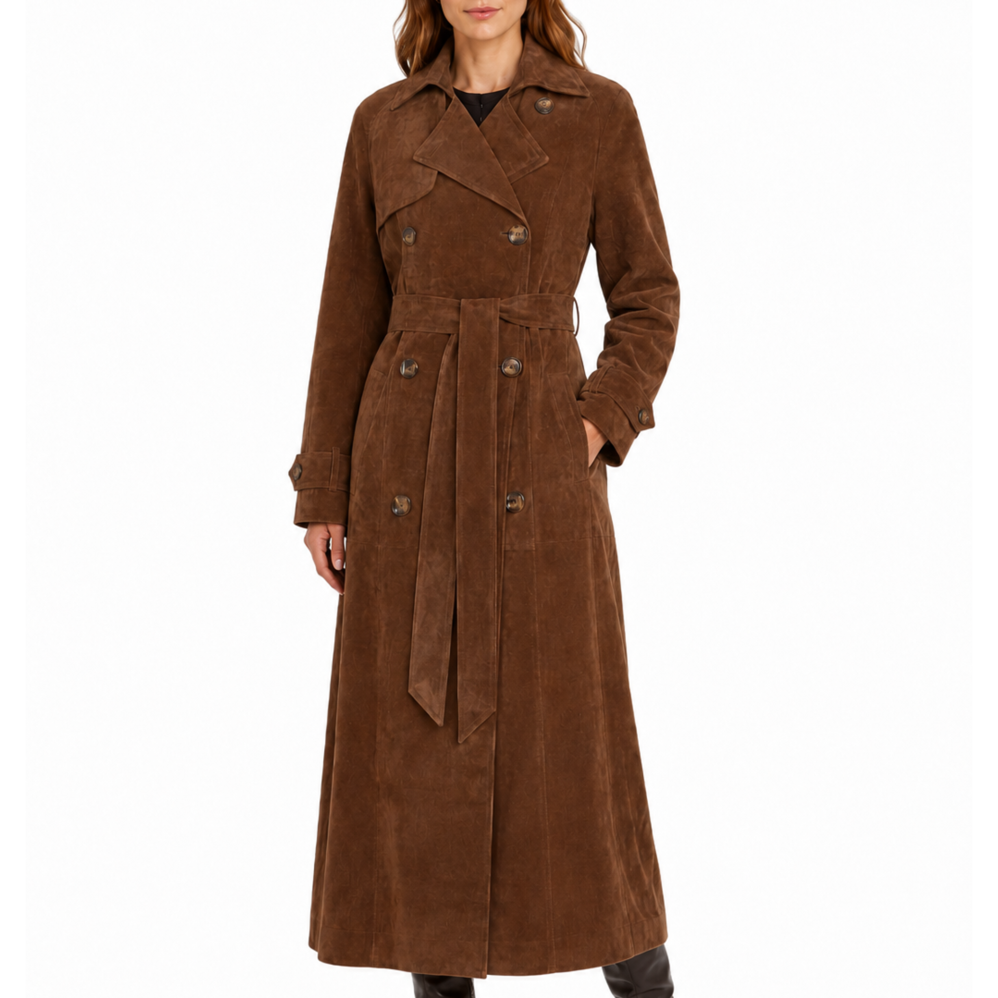 Brown trench coat worn by a person on a white background