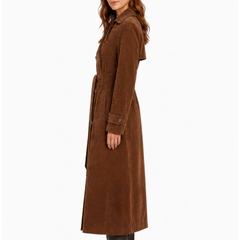 Women's Brown Suede Leather Double Breasted Long Coat