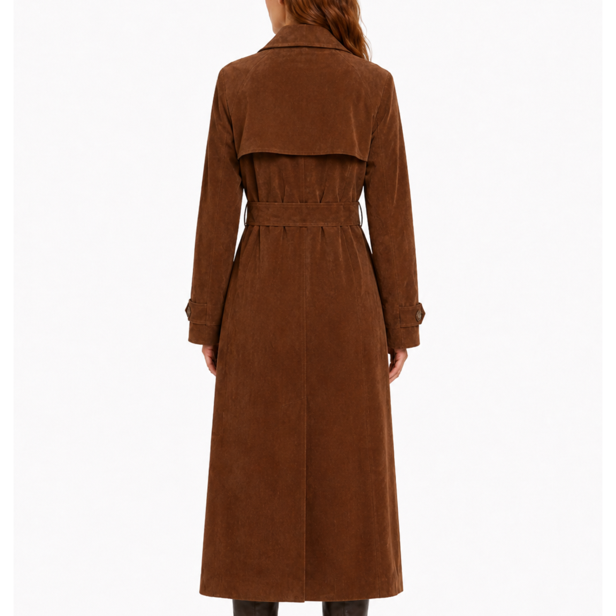 Brown trench coat worn by a person on a white background